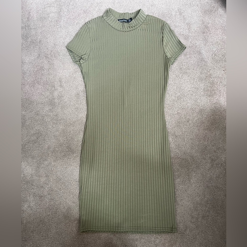 Boohoo Green Ribbed Bodycon Midi Dress